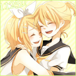 Rule 34 | 1boy, 1girl, blonde hair, blush, bow, brother and sister, closed eyes, detached sleeves, hair bow, hair ornament, hair ribbon, hairclip, hetero, hug, kagamine len, kagamine rin, necktie, open mouth, ponytail, ribbon, short hair, siblings, smile, tama (songe), twins, vocaloid, yellow necktie