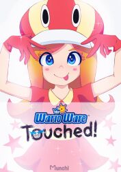 Rule 34 | 1girl, absurdres, arms up, artist name, blue eyes, dress, gloves, hat, highres, long hair, mona (warioware), munchi png, nintendo, orange hair, red dress, red gloves, smile, star (symbol), striped clothes, striped headwear, tongue, tongue out, warioware, warioware: touched!