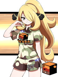 Rule 34 | 1girl, absurdres, alternate costume, alternate hairstyle, blonde hair, breasts, camouflage, camouflage shirt, camouflage shorts, closed mouth, collared shirt, commentary request, cowboy shot, creatures (company), cynthia (pokemon), eyelashes, game freak, grey eyes, hair ornament, hair over one eye, hand up, highres, long hair, looking at viewer, nintendo, pokemon, pokemon dppt, pokemon swsh, ponytail, shabana may, shirt, short sleeves, shorts, side slit, side slit shorts, smile, solo