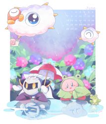 Rule 34 | :d, ^ ^, animal hood, armor, armored boots, blue cape, blue eyes, blue flower, blush, blush stickers, boots, border, calendar (medium), cape, closed eyes, closed mouth, cloud, commentary request, dark meta knight, different reflection, flower, frog, frog hood, gloves, holding, holding umbrella, hood, hood up, hydrangea, june, kirby, kirby (series), kracko, leaf, li&#039;l kracko, mask, meta knight, midooka (o k k), nintendo, no humans, one-eyed, open mouth, outside border, pauldrons, pink flower, plant, poncho, puddle, purple flower, purple footwear, rain, reflection, reflective water, shadow kirby, shoulder armor, sleeping, smile, snail, spikes, star (symbol), umbrella, waddle doo, water, white border, white gloves