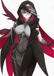 Rule 34 | 1girl, absurdres, alternate costume, arlecchino (genshin impact), black bodysuit, black cloak, black eyes, black hair, black hands, bodysuit, breasts, cloak, closed mouth, colored extremities, covered navel, cowboy shot, film grain, genshin impact, hand on own hip, highres, hood, hood up, kazezz, large breasts, looking at viewer, short hair, simple background, solo, symbol-shaped pupils, white background, white hair, x-shaped pupils