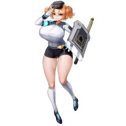 Rule 34 | 1girl, breasts, cerberus (last origin), full body, game cg, gloves, grin, hair between eyes, hat, highres, huge breasts, last origin, looking at viewer, official art, orange eyes, orange hair, police, police uniform, policewoman, salute, short shorts, shorts, sima (startwitch), smile, solo, tachi-e, transparent background, twintails, two side up, uniform, white gloves, wide hips
