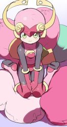 Rule 34 | 1girl, blush, bodysuit, boots, flat chest, gloves, green eyes, hands between legs, heart, helmet, kneeling, legs together, looking at viewer, looking up, mega man (series), mega man battle network, nose, pillow, pink gloves, pink headwear, roll.exe (mega man), shadow, sitting, sitting on pillow, skin tight, smile, solo, tagme, white background