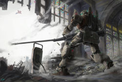 Rule 34 | absurdres, aircraft, airplane, broken glass, building, cannon, church, city, core fighter, firing, glass, ground gm, gundam, highres, mecha, mobile suit gundam, no humans, robot, rubble, shell casing, shield, stained glass, war, weapon, yi gesang