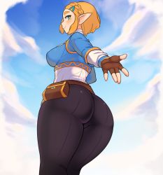 Rule 34 | 1girl, absurdres, ass, blonde hair, blue eyes, breasts, feet out of frame, fingerless gloves, gloves, highres, large breasts, looking at viewer, nintendo, outdoors, pants, pointy ears, pouch, princess zelda, shnibbles, short hair, sky, smile, solo, the legend of zelda, the legend of zelda: breath of the wild, the legend of zelda: tears of the kingdom