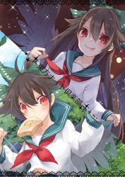 Rule 34 | 1girl, alternate costume, bad id, bad pixiv id, black hair, black wings, bow, bread slice, butter, feathered wings, food, food in mouth, green bow, hair between eyes, hair bow, highres, long hair, looking at viewer, mouth hold, neckerchief, red eyes, red neckerchief, reiuji utsuho, sailor collar, school uniform, serafuku, solo, sparkle, toast, toast in mouth, tongue, tongue out, touhou, toutenkou, translation request, wings