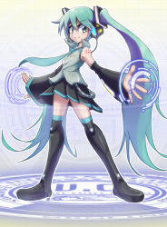 Rule 34 | 1girl, aqua eyes, aqua hair, bare shoulders, black thighhighs, closed mouth, commentary request, detached sleeves, flat chest, full body, hair between eyes, hatsune miku, headphones, headset, long hair, miniskirt, necktie, simple background, skirt, solo, standing, thighhighs, twintails, very long hair, vocaloid, white background, yuusuke (5yusuke3)