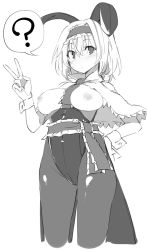Rule 34 | 1girl, ?, @ @, alice margatroid, alternate costume, animal ears, blush, breasts, breasts out, capelet, commentary request, cowboy shot, cropped legs, fake animal ears, frilled hairband, frilled sash, frills, greyscale, hair between eyes, hairband, hand on own hip, hand up, kamukamu (ars), leotard, lolita hairband, looking at viewer, medium breasts, monochrome, nipples, pantyhose, playboy bunny, rabbit ears, sash, short hair, simple background, solo, spoken question mark, standing, thighs, touhou, v, white background, wrist cuffs