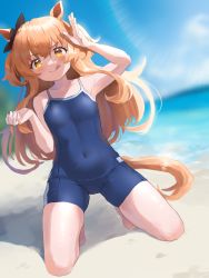Rule 34 | 1girl, alternate costume, animal ears, ant m22, beach, blue one-piece swimsuit, blush, breasts, collarbone, commentary request, hair between eyes, hair ornament, highres, horse ears, horse tail, kneeling, lens flare, mayano top gun (umamusume), one-piece swimsuit, orange eyes, orange hair, school swimsuit, skindentation, sky, small breasts, solo, swimsuit, tail, umamusume