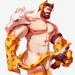 Rule 34 | 1boy, abs, absurdres, alternate costume, animal ears, animal hands, animal skull, arm belt, armor, bara, beard, biceps, body fur, brimstone (valorant), brown hair, convenient censoring, facial hair, feet out of frame, hair slicked back, highres, jaguar boy, jaguar ears, jaguar tail, kemonomimi mode, large hands, large pectorals, looking at viewer, male focus, mature male, muscular, muscular male, mustache, navel, nipples, open hands, pauldrons, pectorals, plookys, short hair, shoulder armor, single pauldron, solo, standing, stomach, tail, tail censor, thick eyebrows, thick thighs, thighs, two-tone beard, valorant, veins, veiny arms, walking, yellow fur