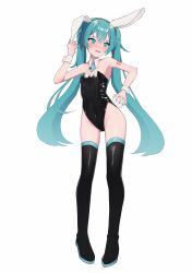 Rule 34 | 1girl, absurdres, animal ears, aqua eyes, aqua hair, aqua nails, aqua necktie, armpits, bare shoulders, black footwear, black leotard, blush, boots, breasts, collar, covered navel, detached collar, fake animal ears, fake tail, full body, funakinuta, groin, hair between eyes, hand up, hatsune miku, highleg, highleg leotard, highres, legs, leotard, long hair, looking down, nail polish, necktie, neon trim, open mouth, playboy bunny, rabbit ears, rabbit tail, shoulder tattoo, sidelocks, simple background, small breasts, solo, standing, straight hair, strapless, strapless leotard, tail, tattoo, thigh boots, twintails, very long hair, vocaloid, wavy mouth, white background, white collar, wrist cuffs