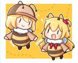 Rule 34 | akai haato, baseball cap, bee costume, blonde hair, brown hat, chibi, chibi only, closed mouth, commentary, english commentary, fake antennae, fur collar, hat, highres, hololive, hololive english, insect wings, long sleeves, moon ldl, notice lines, official alternate costume, smile, virtual youtuber, watson amelia, wings, | |