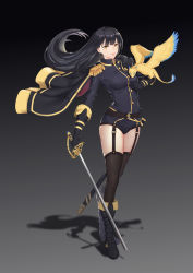 Rule 34 | 1girl, absurdres, belt, black cape, black hair, black jacket, black shorts, brown belt, brown eyes, brown thighhighs, cape, closed mouth, creature, epaulettes, floating hair, full body, highres, jacket, jiliang jiying yumao, long hair, looking at viewer, original, short shorts, shorts, smile, solo, standing, thighhighs