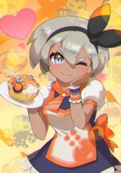Rule 34 | 1girl, ;), alternate costume, apron, bea (pokemon), black hairband, blush, bow hairband, buttons, character print, clobbopus, closed mouth, commentary, creatures (company), dress, eyelashes, game freak, gen 8 pokemon, grapploct, grey eyes, grey hair, hair between eyes, hairband, hand on own cheek, hand on own face, hands up, heart, highres, holding, holding plate, lens flare, looking at viewer, nintendo, one eye closed, plate, pokemon, pokemon swsh, short hair, short sleeves, smile, sparkle, taisa (lovemokunae), wrist cuffs