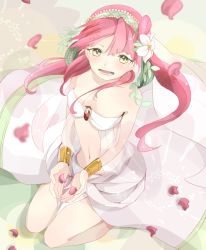 Rule 34 | 1girl, alternate eye color, bad id, bad pixiv id, bracelet, dancer, dress, flower, harem outfit, jewelry, long hair, looking at viewer, lots of jewelry, magi the labyrinth of magic, morgiana, petals, red hair, shio0y0, side ponytail, sleeveless, sleeveless dress, solo, yellow eyes