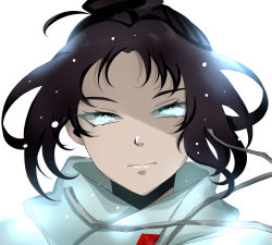 Rule 34 | 1girl, absurdres, animification, apex legends, bad id, bad pixiv id, black hair, drawstring, expressionless, floating hair, glowing, glowing eyes, head tilt, highres, light particles, looking at viewer, parted bangs, portrait, quarantine 722 wraith, sakuratsuki (sa 0727 ), solo, white background, wraith (apex legends)
