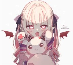 Rule 34 | 1girl, black bow, blush, bow, detached wings, grey background, hair bow, heart, heart-shaped pupils, highres, jacket, light brown hair, long hair, long sleeves, looking at viewer, makaino ririmu, mini wings, multicolored hair, nijisanji, hugging object, off shoulder, open mouth, pointy ears, red eyes, red hair, red wings, ringlets, signature, simple background, sleeves past fingers, sleeves past wrists, sofra, solo, streaked hair, stuffed animal, stuffed rabbit, stuffed toy, symbol-shaped pupils, teeth, twintails, twitter username, upper body, upper teeth only, virtual youtuber, wings