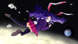 Rule 34 | 1girl, animal ears, black thighhighs, blazer, breasts, crying, crying with eyes open, dress shirt, earth (planet), fallen down, falling, floating, floating hair, from behind, highres, jacket, loafers, long hair, long sleeves, looking at viewer, looking back, moon, necktie, outstretched arms, planet, purple hair, rabbit ears, rabbit girl, rabbit tail, ramo (uto ramo), red eyes, reisen udongein inaba, shirt, shoes, solo, space, star (sky), star (symbol), tail, teardrop, tears, thighhighs, touhou, very long hair, white shirt, zettai ryouiki
