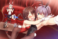Rule 34 | 4girls, alcohol, alternate costume, animal ears, aoba (kancolle), armpits, arms up, bare arms, bare shoulders, black gloves, black hair, black leotard, blue eyes, blue leotard, blush, bottle, bow, bowtie, breasts, brown hair, closed eyes, closed mouth, commentary request, cup, detached collar, drinking glass, drunk, fake animal ears, fake tail, fishnet legwear, fishnets, furutaka (kancolle), gloves, green eyes, hair ornament, hairclip, heibonkaeru, hug, kako (kancolle), kantai collection, kinugasa (kancolle), leotard, looking at viewer, medium breasts, multiple girls, nose blush, one eye closed, pantyhose, playboy bunny, purple hair, rabbit ears, rabbit tail, red leotard, sideboob, silver hair, sleeping, squeans, strapless, strapless leotard, tail, white leotard, wrist cuffs