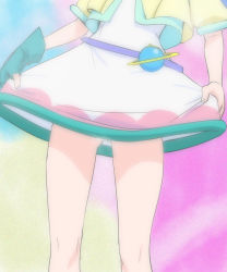 Rule 34 | 1girl, aqua gloves, dress, gloves, hagoromo lala, haruyama kazunori, head out of frame, legs, lower body, no panties, partially visible vulva, precure, pussy, pussy peek, short sleeves, single glove, solo, standing, star twinkle precure, thighs, white dress