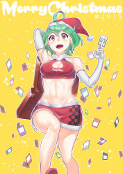 Rule 34 | 1girl, :d, ahoge, card, cleavage cutout, clothing cutout, earrings, elbow gloves, fur trim, gloves, green hair, hat, highres, jewelry, merry christmas, midriff, navel, open mouth, race queen, rin (yu-gi-oh!), santa hat, smile, solo, suitcase, trading card, waste-man, yellow eyes, yu-gi-oh!, yu-gi-oh! arc-v