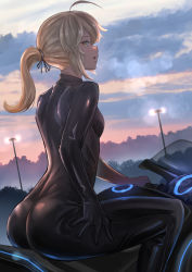 Rule 34 | 1girl, ahoge, alternate costume, arm at side, artoria pendragon (all), artoria pendragon (fate), ass, bad id, bad pixiv id, black bodysuit, black ribbon, bodysuit, breasts, character request, cloud, cloudy sky, curvy, dawn, fate (series), from behind, hair ribbon, highres, lamppost, latex, long hair, looking at viewer, looking back, morning, motor vehicle, motorcycle, outdoors, parted lips, pasoputi, ponytail, ribbon, saber alter, shoulder blades, sidelocks, sitting, skin tight, sky, small breasts, smile, solo, thighs, tree, wide hips