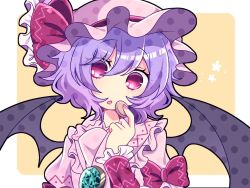 Rule 34 | 1girl, bat wings, blush, border, bow, chestnut mouth, commentary, dress, frilled dress, frilled sleeves, frills, gem, hair between eyes, hat, hat bow, head tilt, looking at viewer, mob cap, open mouth, pink dress, pink hair, pink hat, polka dot, raised eyebrows, red bow, red eyes, remilia scarlet, short hair, star (symbol), symbol-only commentary, tareme, touhou, tsugomori (remilia0398), upper body, white border, wings, yellow background