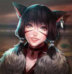 Rule 34 | 1girl, absurdres, animal ears, warrior of light (ff14), black hair, blurry, blurry background, brown eyes, cat ears, choker, close-up, commission, earrings, enmoire, facial mark, fangs, final fantasy, final fantasy xiv, hair tubes, highres, jewelry, looking at viewer, miqo&#039;te, pendant, scar, short hair, single earring, smile, solo, tattoo, whisker markings