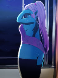 Rule 34 | absurdres, blue skin, colored skin, cyana, cyana (p.m. seymour), freckles, highres, looking at viewer, meme attire, moon, night, p.m. seymour, pinup (style), pointy ears, thick thighs, thighs, virgin killer sweater, window