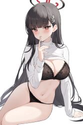 Rule 34 | 1girl, black bra, black hair, black panties, blue archive, blunt bangs, blush, bra, breasts, clothes lift, halo, highres, karacak, lace, lace-trimmed bra, lace trim, large breasts, leaning to the side, long hair, navel, panties, parted lips, red eyes, rio (blue archive), simple background, sitting, solo, stomach, sweater, sweater lift, thighs, turtleneck, turtleneck sweater, underwear, very long hair, white background, white sweater