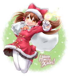 Rule 34 | 10s, 1girl, bell, black skirt, blush, boots, brown eyes, brown hair, christmas, collar, fur trim, gloves, hair ornament, hat, highres, japanese clothes, kanon (kurogane knights), kantai collection, kariginu, looking at viewer, neck bell, outside border, over shoulder, pantyhose, pleated skirt, red footwear, ryuujou (kancolle), sack, santa costume, santa hat, skirt, solo, white gloves, white pantyhose