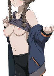 Rule 34 | 1girl, amane suzuha, bike shorts, braid, breasts, brown hair, clothes lift, commentary request, green eyes, head out of frame, highres, jacket, medium breasts, morisobo, navel, nipples, off shoulder, shirt lift, simple background, smile, solo, steins;gate, tank top, track jacket, twin braids, white background