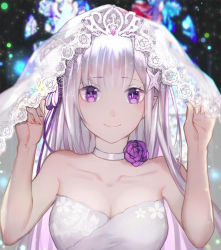 Rule 34 | 10s, 1girl, bare arms, bare shoulders, blunt bangs, blurry, blush, breasts, bridal veil, bride, choker, cleavage, closed mouth, depth of field, dress, elf, emilia (re:zero), eyebrows, fingernails, floral print, flower, gem, hair flower, hair ornament, hands up, happy, lens flare, light particles, long hair, looking at viewer, medium breasts, pointy ears, purple eyes, purple flower, purple ribbon, re:zero kara hajimeru isekai seikatsu, ribbon, rose print, silver hair, smile, solo, stained glass, strapless, tiara, upper body, veil, wedding dress, yue (pixiv4635680)