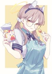 Rule 34 | 1girl, absurdres, angel&#039;s 24 uniform (blue archive), animal ears, apron, black-framed eyewear, black bow, black bowtie, blue apron, blue archive, blush, bow, bowtie, breasts, brown hair, fake animal ears, food, glasses, halo, highres, holding, holding food, light smile, looking at viewer, medium breasts, moe (blue archive), mountain ymmm, name tag, official alternate costume, pom pom (clothes), rabbit ears, round eyewear, shirt, short sleeves, simple background, solo, striped bow, striped bowtie, striped clothes, twintails, two-tone background, upper body, white shirt