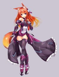 Rule 34 | 1girl, animal ear fluff, animal ears, armor, black thighhighs, bodysuit, breasts, fatkewell, fox ears, fox tail, full body, gauntlets, gradient hair, greaves, grey background, large breasts, looking at viewer, mecha musume, multicolored hair, necktie, open clothes, open skirt, orange hair, original, red necktie, rika eastre, simple background, skirt, solo, standing, tail, thigh gap, thighhighs