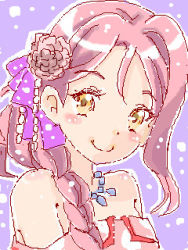 Rule 34 | 1girl, artist name, artist request, bare shoulders, blush, bow, breasts, brown eyes, cleavage, dress, female focus, flower, hair between eyes, hair flower, hair ornament, hair over shoulder, hair ribbon, hair vines, jewelry, kyutte, long hair, love live!, love live! school idol festival, love live! sunshine!!, lowres, necklace, pearl necklace, plant, purple bow, purple ribbon, red dress, red flower, red hair, ribbon, sakurauchi riko, small breasts, solo, vines, yellow eyes