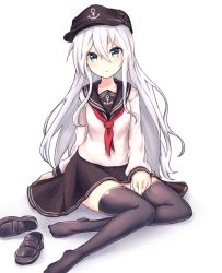 Rule 34 | 10s, 1girl, anchor symbol, black hat, black skirt, black thighhighs, blue eyes, closed eyes, collarbone, hair between eyes, haishiki, hat, hibiki (kancolle), kantai collection, long hair, looking at viewer, miniskirt, neckerchief, parted lips, red neckerchief, shiny clothes, shirt, shoes, silver hair, simple background, sitting, skirt, solo, thighhighs, unworn shoes, very long hair, visor cap, white background, white shirt, zettai ryouiki
