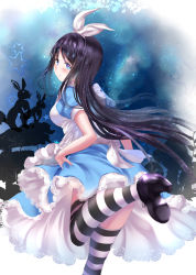 Rule 34 | 1girl, alice in wonderland, bad id, bad pixiv id, black hair, blue eyes, breasts, card, checkered background, long hair, medium breasts, original, playing card, ponytail korosuke, rabbit, silhouette, solo, striped clothes, striped thighhighs, thighhighs, very long hair