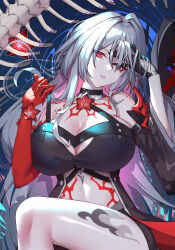 Rule 34 | 1girl, absurdres, acheron (honkai: star rail), bare shoulders, black choker, breasts, choker, cleavage, commentary request, detached sleeves, flower, head tilt, highres, honkai: star rail, honkai (series), large breasts, leg tattoo, long hair, looking at viewer, midriff, misheng liu yin, official alternate color, parted lips, red eyes, red flower, short sleeves, solo, stomach, tattoo, thighs, very long hair, white hair