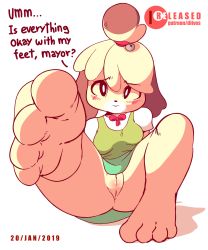 Rule 34 | 1girl, animal crossing, animated, animated gif, anus, ass, black eyes, blonde hair, blue skirt, blush, breasts, cleft of venus, clitoral hood, diives, dog, english text, fat mons, feet, furry, furry female, green vest, hair tie, highres, isabelle (animal crossing), leg lift, looking at viewer, medium breasts, nintendo, no panties, open mouth, pussy, shirt, short hair, short sleeves, signature, skirt, solo, speech bubble, super smash bros., tail, talking, teeth, topknot, uncensored, upskirt, vest, white background, white shirt