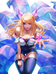 Rule 34 | 1girl, absurdres, ahri (league of legends), animal ears, blonde hair, bracelet, facial mark, fox ears, fox girl, fox tail, heart, highres, jewelry, k/da (league of legends), k/da ahri, league of legends, leaning forward, long hair, looking at viewer, multiple tails, outstretched hand, pu reum lee, sidelocks, simple background, solo, tail, thigh gap, thighhighs, white background, yellow eyes, zettai ryouiki