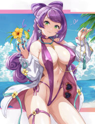 Rule 34 | 1girl, absurdres, alternate costume, blush, breasts, caee penguin, cherry, closed mouth, cloud, coat, collarbone, commentary request, covered erect nipples, cowboy shot, creatures (company), cup, day, eyelashes, flower, food, fruit, game freak, glass, green eyes, heart, highres, holding, large breasts, lime (fruit), lime slice, long hair, looking at viewer, miriam (pokemon), nail polish, navel, nintendo, one-piece swimsuit, open clothes, open coat, outdoors, pokemon, pokemon sv, purple hair, purple one-piece swimsuit, sky, slingshot swimsuit, smile, solo, swimsuit, white coat, yellow flower