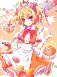 Rule 34 | 1girl, :q, ahoge, blonde hair, blueberry, blush, bow, bowtie, cake, center frills, cherry, chin strap, cowboy shot, cupcake, dress, female focus, food, food-themed hair ornament, food on face, fork, frills, fruit, gradient background, hair between eyes, hair ornament, hairband, highres, kikugetsu, looking at viewer, maid, orange background, original, outline, plaid hairband, red bow, red bowtie, red eyes, ribbon, solo, star (symbol), strawberry, strawberry shortcake, sweets, tongue, tongue out, twintails, two side up, wrist cuffs