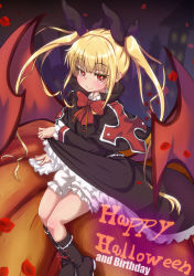 Rule 34 | 1girl, black capelet, black footwear, black ribbon, black skirt, blazblue, bloomers, boots, bow, bowtie, capelet, closed mouth, clothes lift, hair ribbon, happy birthday, happy halloween, lifting own clothes, long hair, long sleeves, looking at viewer, petals, rabittofaa, rachel alucard, red bow, red bowtie, red eyes, red wings, ribbon, skirt, skirt lift, smile, solo, twintails, underwear, white bloomers, wings