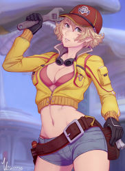 Rule 34 | 10s, 1girl, baseball cap, belt, bikini, bikini under clothes, black gloves, blonde hair, breasts, cidney aurum, cleavage, cropped jacket, final fantasy, final fantasy xv, gloves, goggles, goggles around neck, green eyes, hat, highres, jacket, looking at viewer, medium breasts, navel, outdoors, parted lips, pouch, red bikini, short hair, short shorts, shorts, smile, solo, swimsuit, thighhighs, unsomnus, wrench