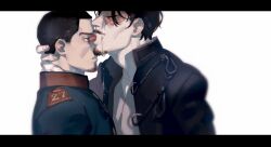 Rule 34 | 2boys, black eyes, black hair, black jacket, chengongzi123, closed eyes, closed mouth, facial hair, goatee, goatee stubble, golden kamuy, highres, jacket, koito otonoshin, letterboxed, licking, licking eye, looking at another, male focus, military uniform, multiple boys, mustache, open clothes, open jacket, open mouth, short hair, simple background, stubble, tsurumi tokushirou, uniform, upper body, very short hair, white background, yaoi