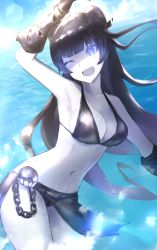 Rule 34 | 1girl, abyssal ship, bad id, bad pixiv id, bikini, black bikini, black gloves, black hair, breasts, chain, colored skin, double bun, fang, gauntlets, gloves, glowing, glowing eyes, hair bun, highres, kantai collection, lens flare, light cruiser oni, long hair, medium breasts, navel, ocean, one eye closed, open mouth, pale skin, shaded face, shiny clothes, sidelocks, smile, solo, standing, standing on liquid, sunlight, swimsuit, weasel (close-to-the-edge), wet, wet clothes, white skin