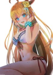 Rule 34 | 1girl, :d, ahoge, bad id, bad twitter id, bare arms, bare shoulders, bead bracelet, beads, bikini, blonde hair, blue eyes, blurry, bracelet, breasts, cleavage, depth of field, flower, hair flower, hair ornament, hanato (seonoaiko), hand up, highres, jewelry, large breasts, long hair, looking at viewer, navel, open mouth, pecorine (princess connect!), pecorine (summer) (princess connect!), princess connect!, rose, side-tie bikini bottom, simple background, smile, solo, stomach, swimsuit, thighs, twitter username, very long hair, white background, white bikini, yellow flower