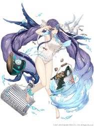 Rule 34 | 1girl, anklet, blue eyes, breasts, bucket, clam, fins, full body, hydrokinesis, jewelry, jino, large breasts, long hair, ningyo hime (sinoalice), official art, one-piece swimsuit, polearm, purple hair, scared, school swimsuit, sinoalice, solo, swimsuit, towel, trident, very long hair, water, weapon, white background, white school swimsuit, white one-piece swimsuit