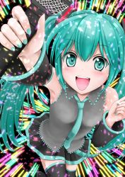 Rule 34 | 1girl, :d, aqua hair, aqua nails, aqua necktie, arm up, armpits, arms up, bare shoulders, black skirt, black thighhighs, blush, bosutonii, commentary request, cowboy shot, detached sleeves, fingernails, foreshortening, green eyes, grey shirt, hair between eyes, hatsune miku, highres, holding, holding microphone, leaning forward, light trail, long hair, looking at viewer, microphone, nail polish, necktie, open mouth, shirt, skirt, smile, solo, teeth, thighhighs, twintails, upper teeth only, vocaloid
